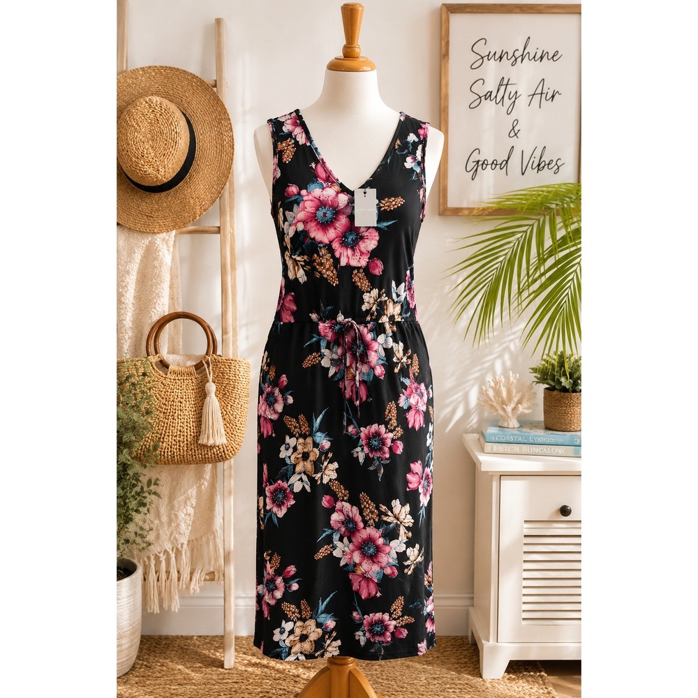 West Loop Floral Sleeveless Midi Dress Black Pink Drawstring Waist Size M NWT